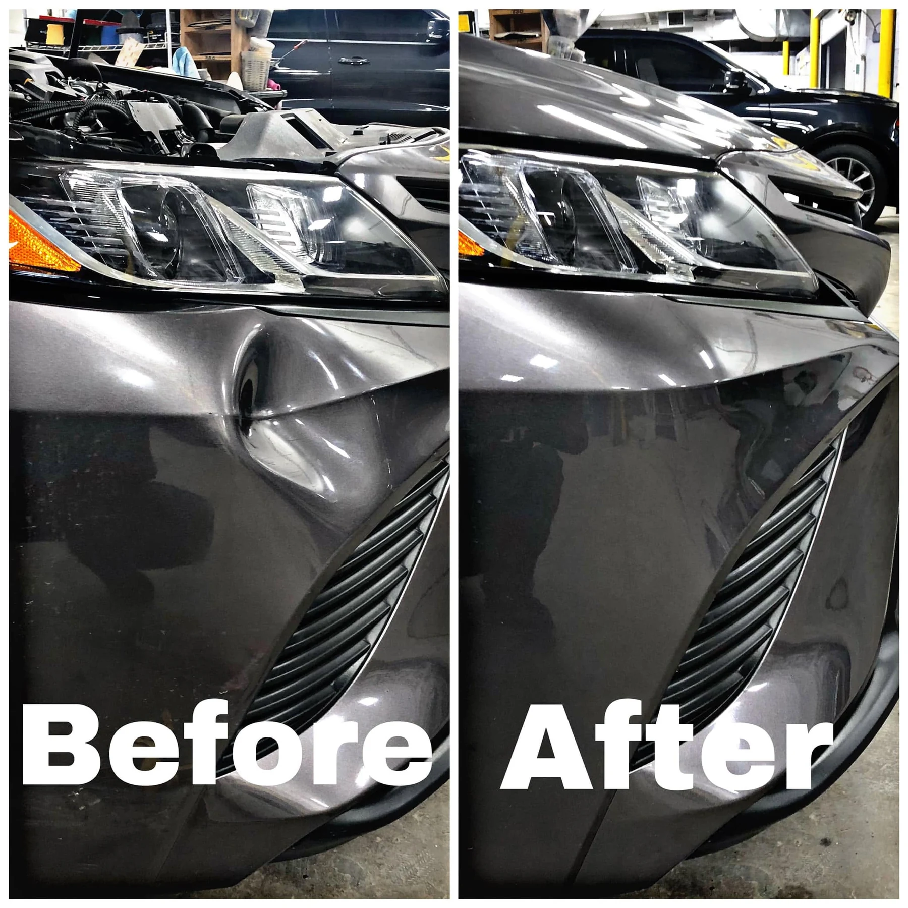 Before and after dent repair near a front bumper