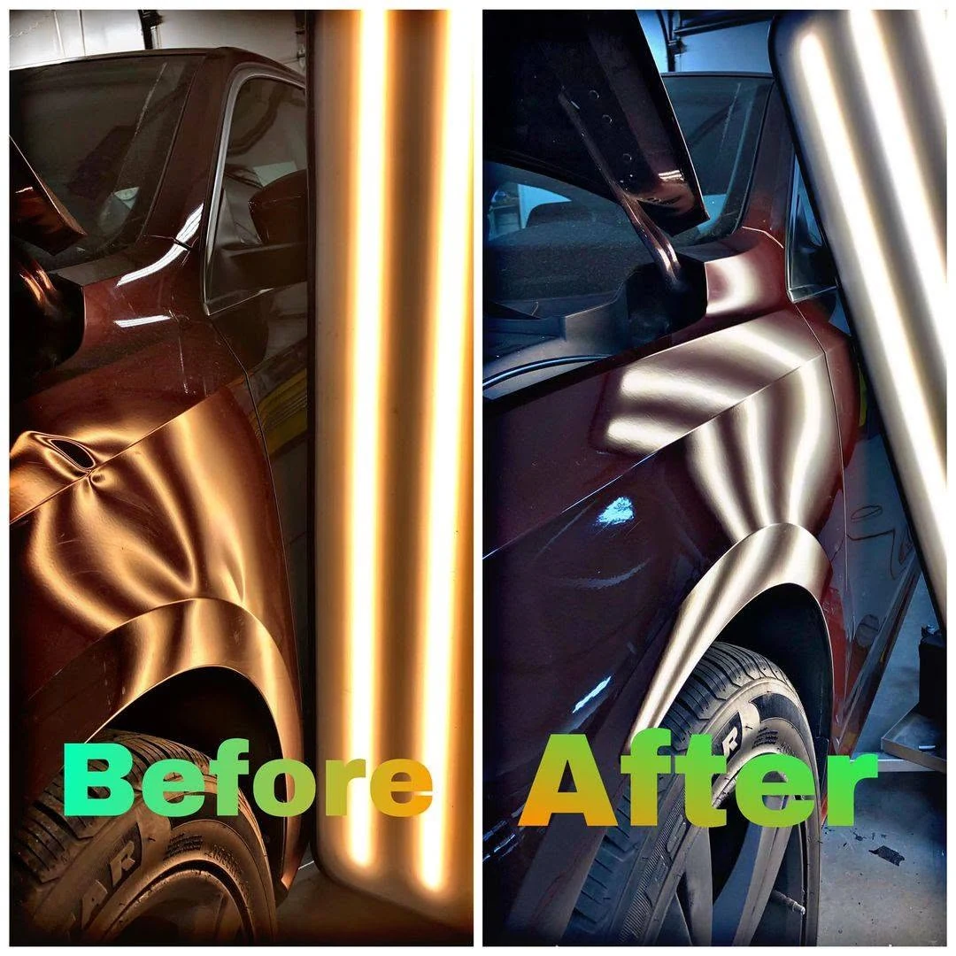 Before and after paintless dent repair on a vehicle fender