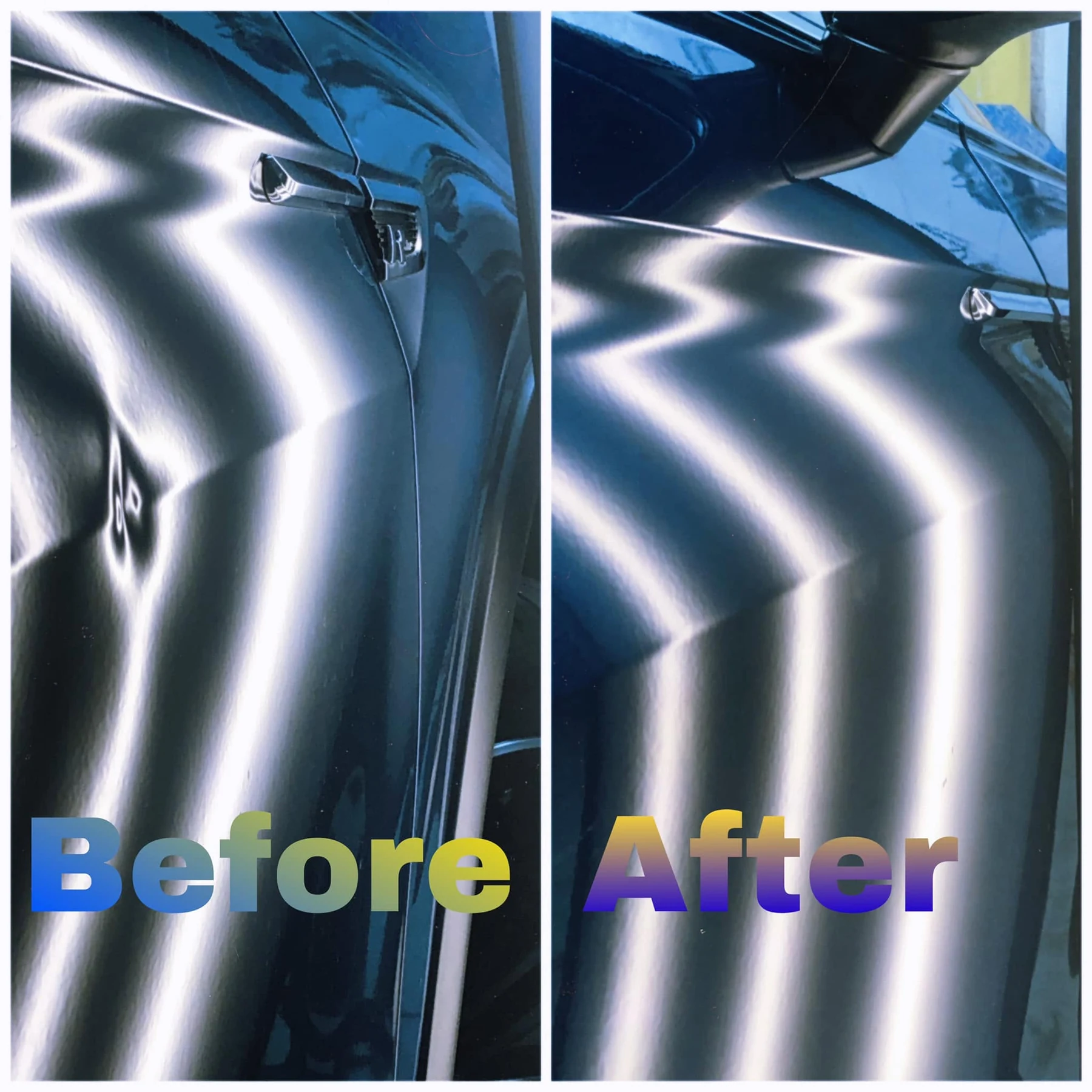Side panel before and after paintless dent repair