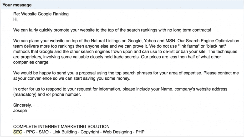 email offering SEO services with fast results